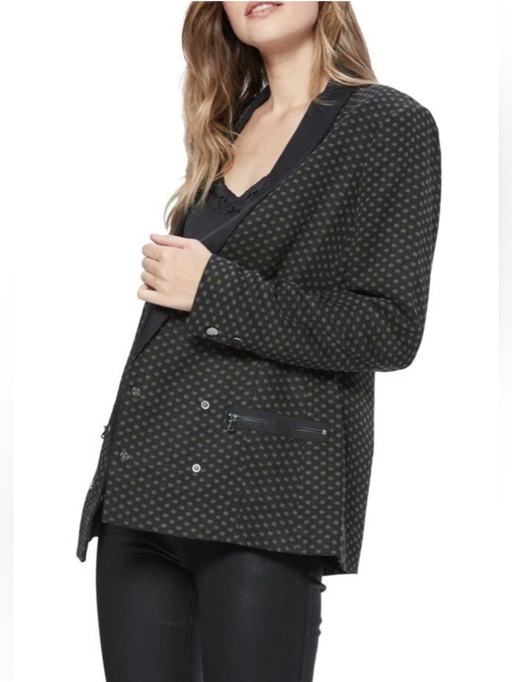 PAIGE Black Dot-Pattern Blazer with Satin Trim
